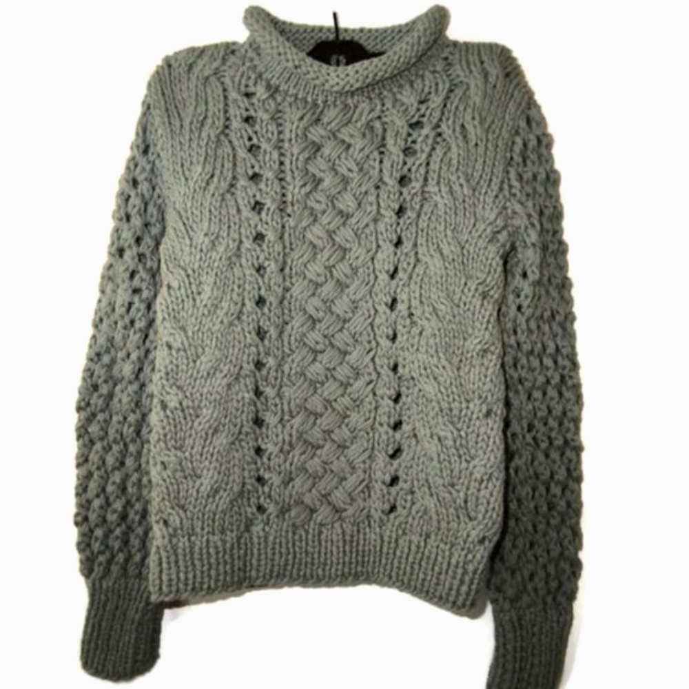ADAM Long Sleeve Crewneck Chunky Knit Cotton Crop Sweater Color Aqua Siz…
